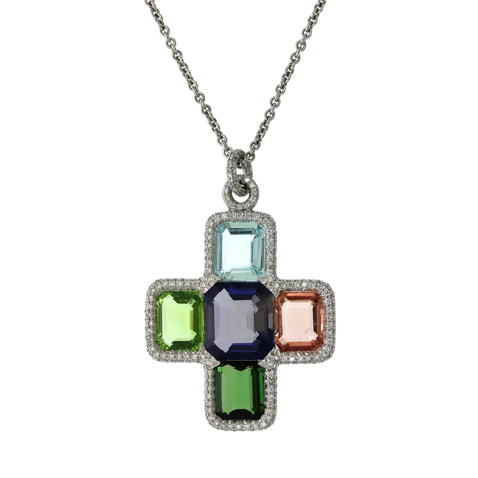 18K White Gold Multi Stone Cross Necklace