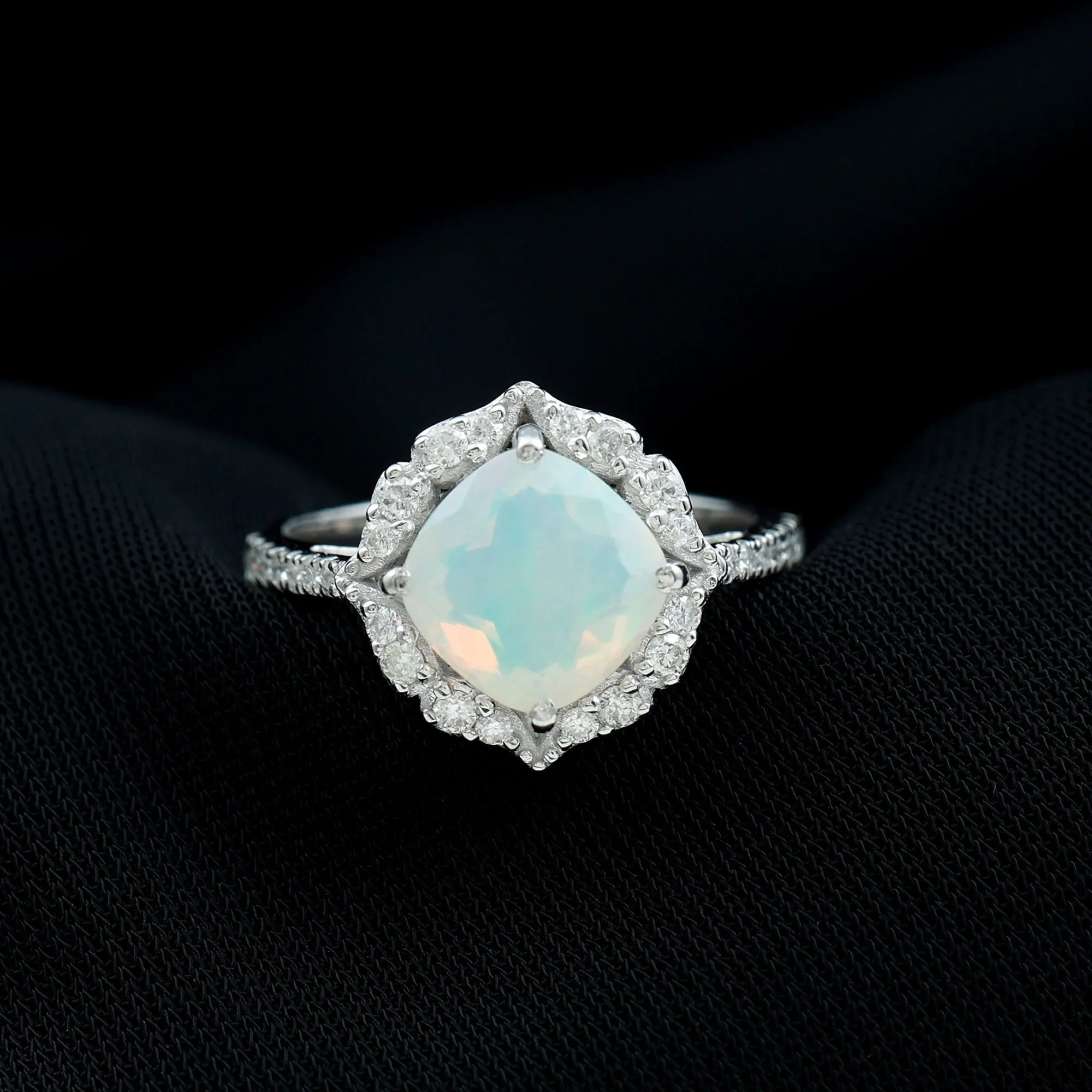 Cushion Cut Ethiopian Opal Flower Engagement Ring with Diamond