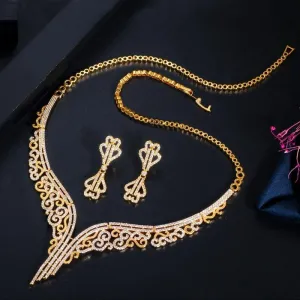 Marvellous Yellow Gold Color AAAA Quality Cubic Zircon Necklace and Earring Bridal Wedding Jewelry Set