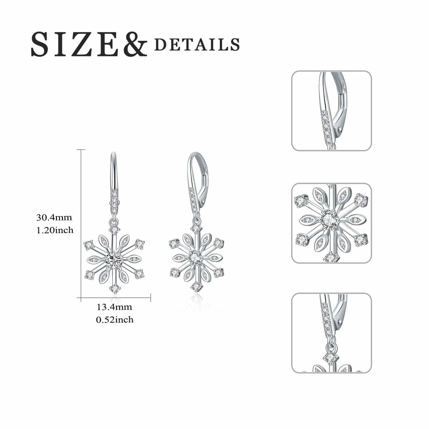 Sterling Silver Zirconia Snowflake Leverback Dangle Drop Earrings Jewelry