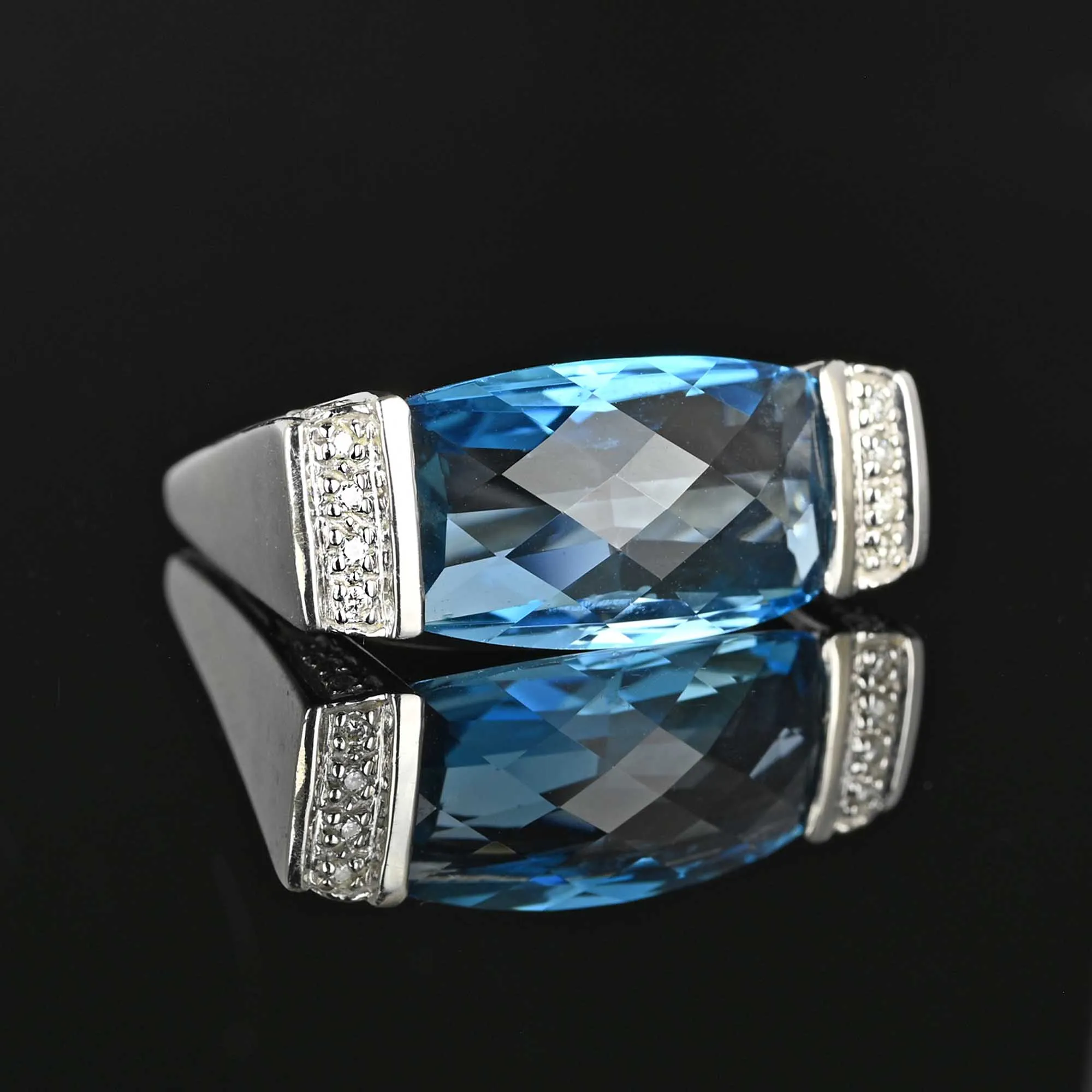 Vintage Diamond Checkerboard Blue Topaz Ring in 14K White Gold