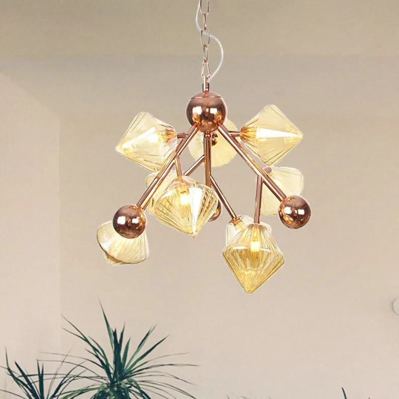 Vintage Ribbed Glass Chandelier: Clear/Amber Prism, 9 Lights - Perfect Dining Room Pendant Light Fixture